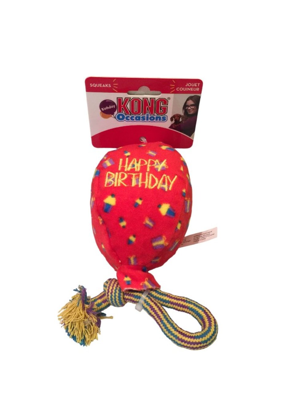 KONG OCCASIONS Happy Birthday Balloon Rope Squeak Plush Dog Toy